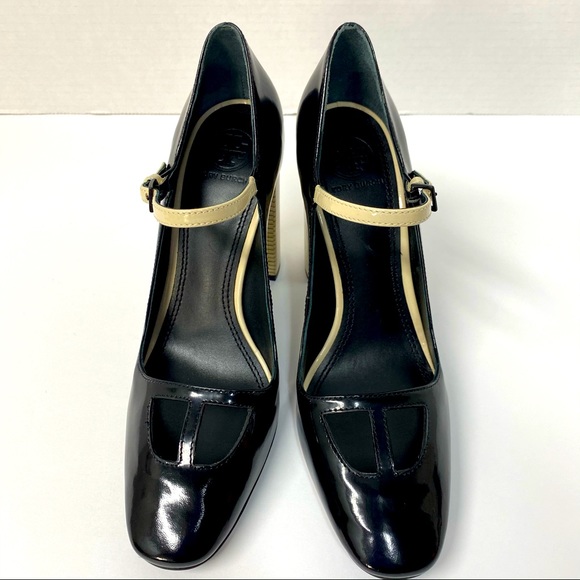 Tory Burch Faye Black Dark Ivory Patent Leather Block Pump Heels Size 7 - Picture 5 of 15